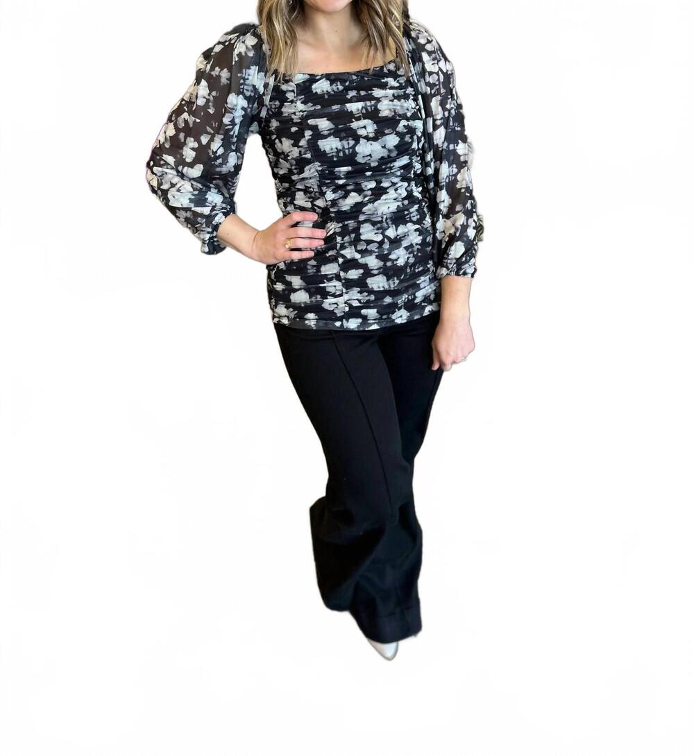 NEW PINE APPAREL moonlit floral ruched top in black